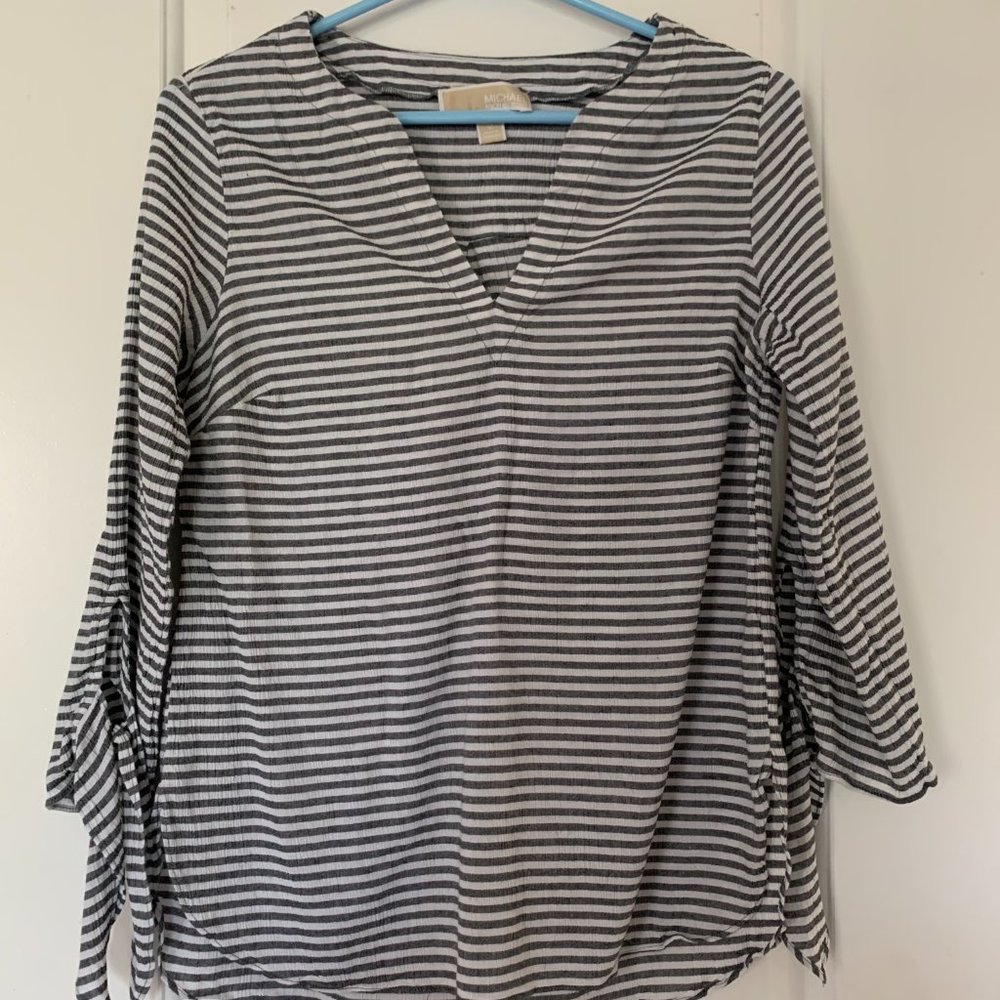 Michael Kors Striped V Neck Long Sleeve Blouse